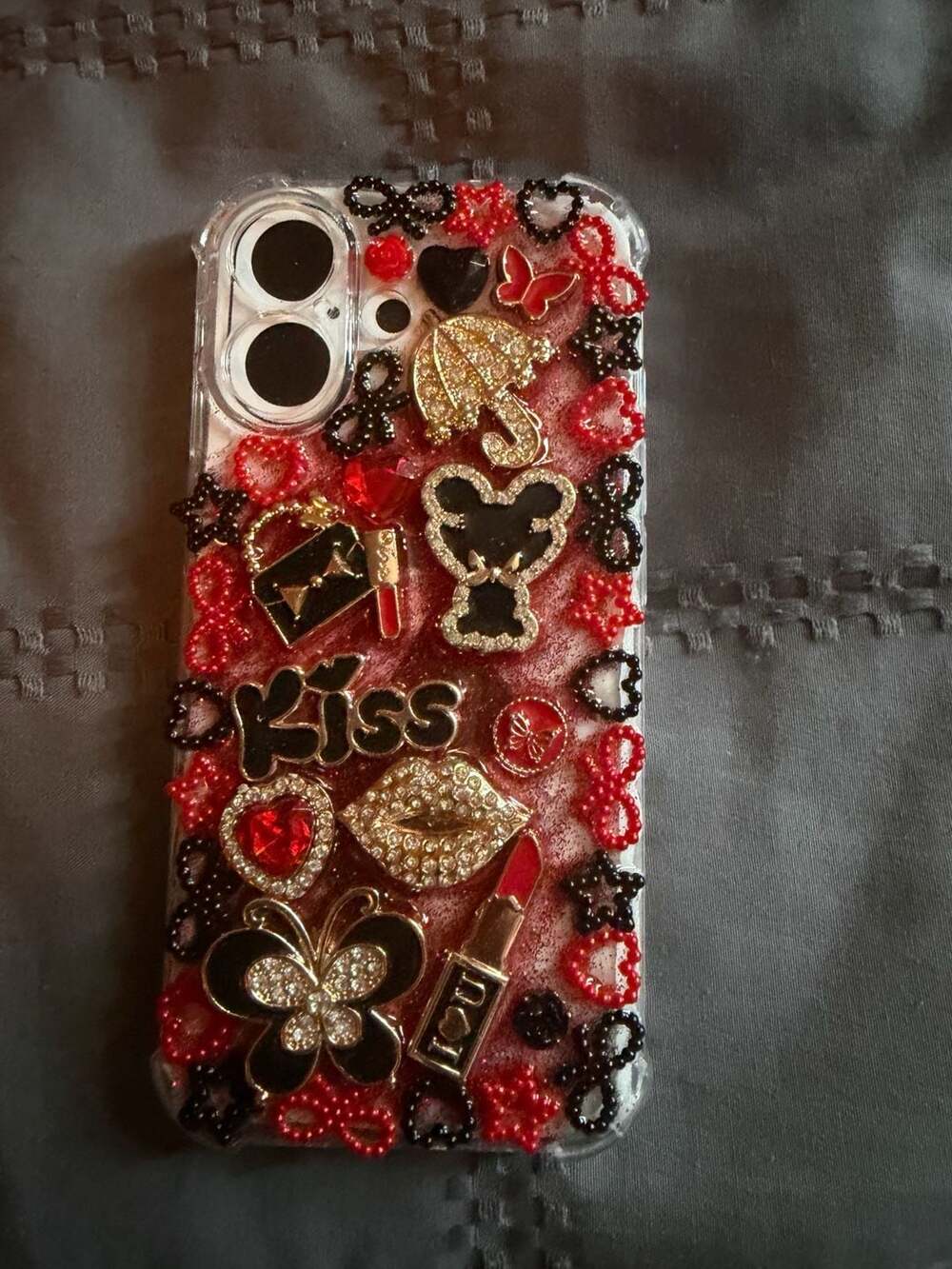 Custom Handmade Junk Phone Case with Red and Black Charms